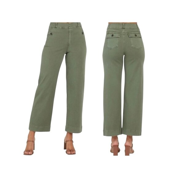 Spanx Twill Crop Wide Leg Pants Olive Green Womens Small Casual High-Waist - Picture 5 of 13